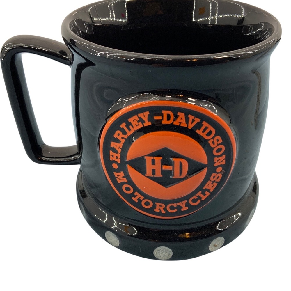 Harley-Davidson Biker Coffee Mug Black Orange 3D Logo Studded Base 2002 Vintage - Picture 3 of 5